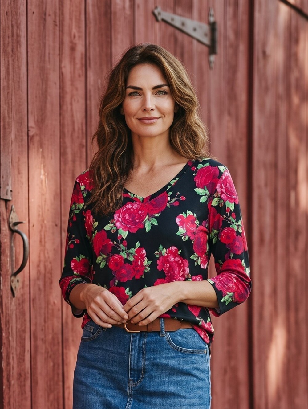 Floral V-Neck 3/4 Sleeve Top - Black with Red Rose Print